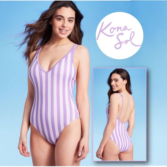 KONA SOL™ Purple V-Neck High Leg One Piece Swimsuit  🌸  NEW!!! - Picture 1 of 14